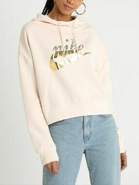 Nike Rally Pink Metallic Swoosh Graphic Logo Crop Pullover Hooded Sweatshirt
